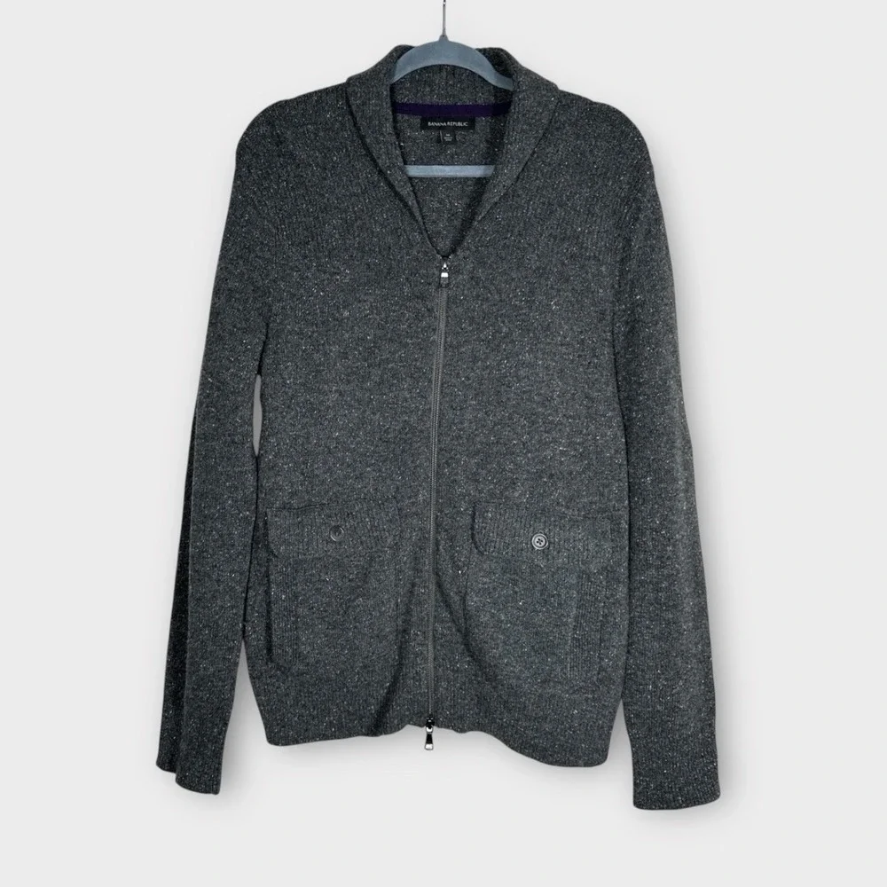 Banana Republic‎ Mens Shawl Collar Wool Silk Zip Sweater Pockets Charcoal Medium